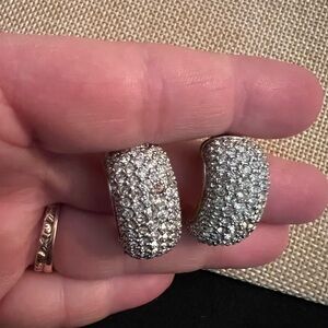 Swarovski Swan Signed Half Dome Rhinestone Crystal Pierced Earrings 1990s.